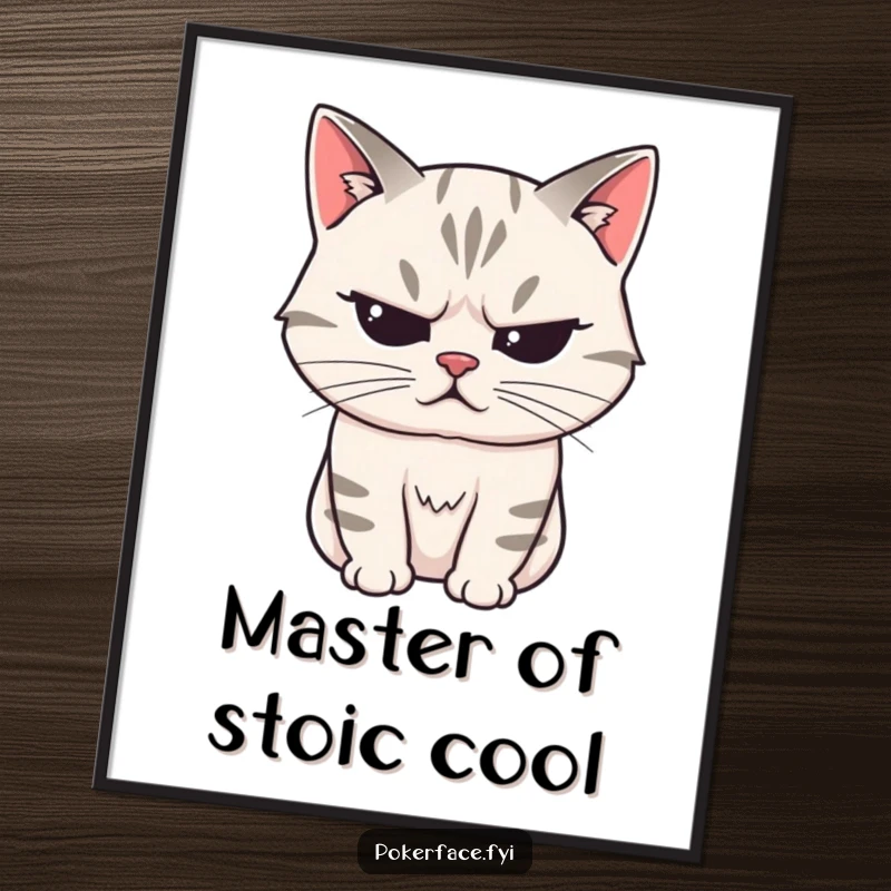 Funny Free Printable Wall Art of a stoic cat with a perfectly unreadable expression, bringing enigmatic humor to the room.