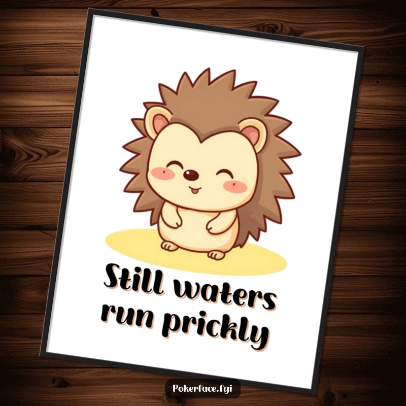 Funny Free Printable Wall Art of a happy hedgehog character maintaining a perfectly flat, unchanging expression, observing the world stoically.