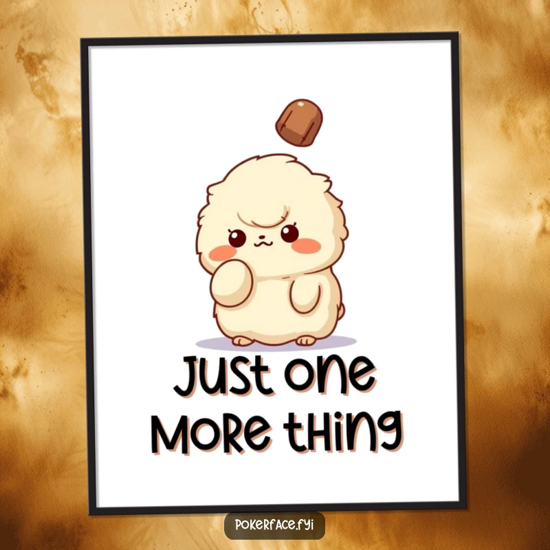 Funny Free Printable Wall Art: Fluffy creature holds up one finger, serenely unbothered by a falling object.