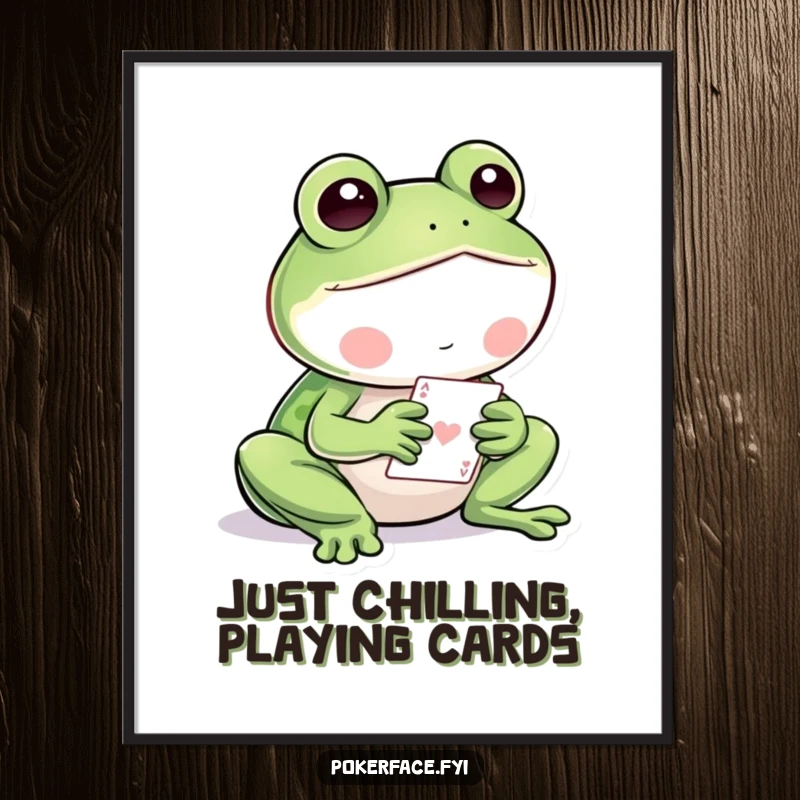 Funny Free Printable wall art of a stoic frog engrossed in a card game, perfect for downloadable art.