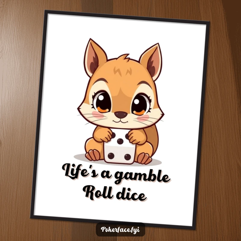 Funny Free Printable Wall Art of a squirrel with wide, unblinking eyes about to roll dice, captured in a moment of intense focus.