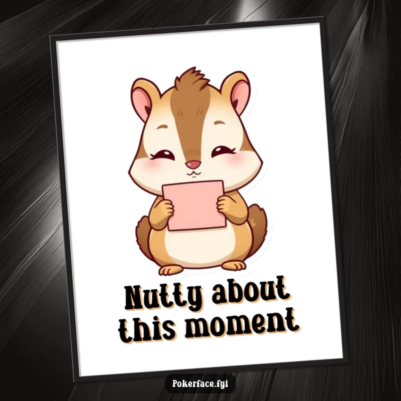 Funny Free Printable wall art depicting a tranquil chipmunk holding a card with absolute indifference, perfect for downloadable art.