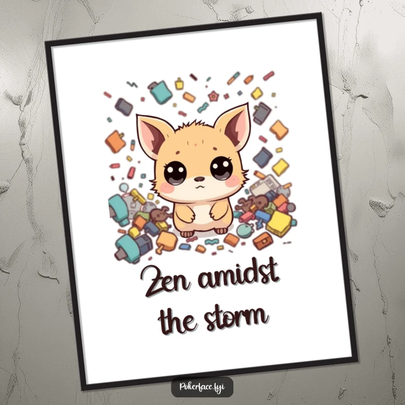 Funny Free Printable Wall Art: Tiny creature with wide eyes, neutral face, stays perfectly still during vibrant chaos.