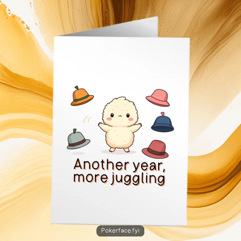 Funny Free Printable Birthday Card: Fluffy creature with blank face tries juggling three falling hats, hilariously failing.