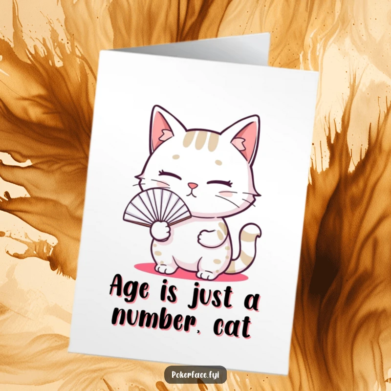 Funny free printable birthday card featuring a cat with a blank, unreadable expression, holding a fan coolly, a unique gift.