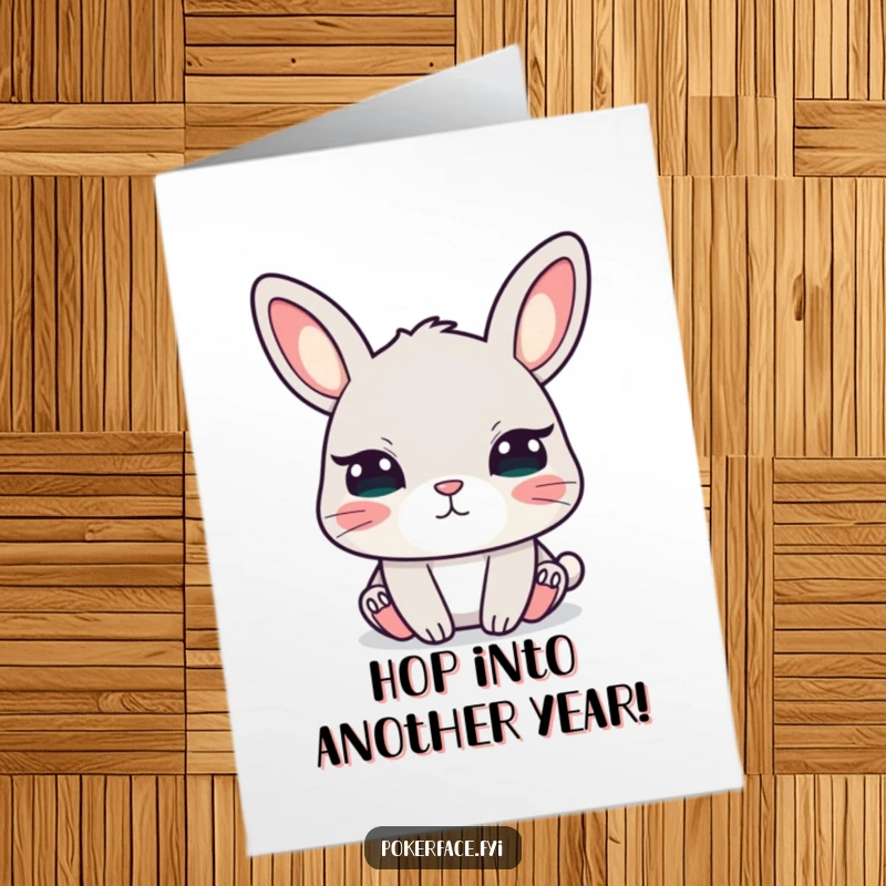 Funny free printable birthday card featuring a calm rabbit with wide, unblinking eyes, giving a peculiar greeting.
