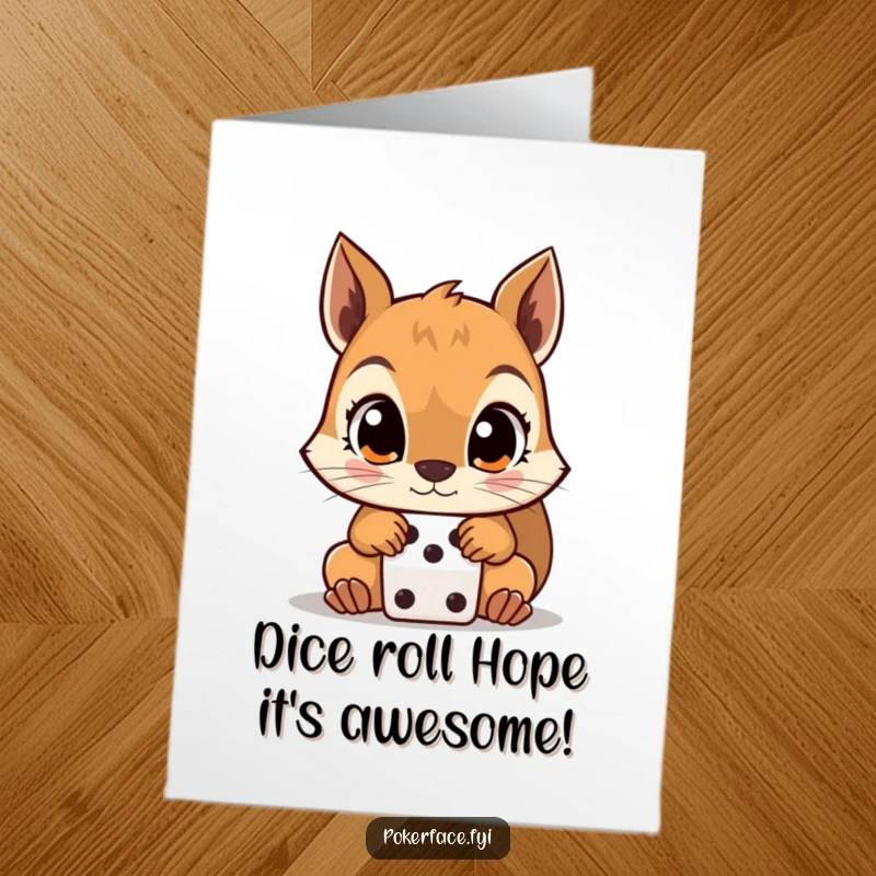 Funny Free Printable Birthday Card featuring a wide-eyed squirrel intensely focused on a dice, ready to gamble on good times.