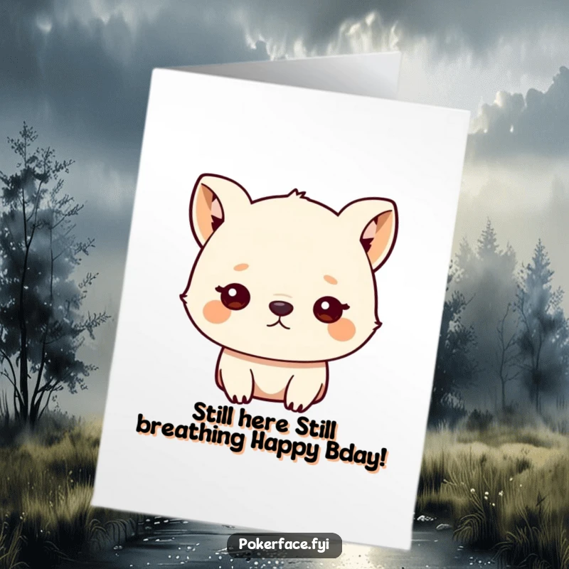 Funny Free Printable Birthday Card featuring a small animal with unblinking eyes, staring blankly, perfect for a humorous greeting.