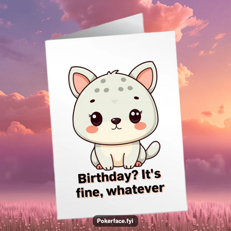 Funny Free Printable Birthday Card: A cute animal character staring blankly with a perfectly neutral expression, hilariously anticlimactic.
