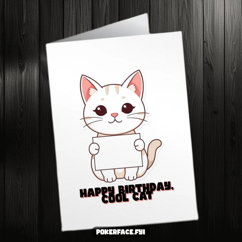Funny Free Printable Birthday Card: Neutral-faced Kawaii cat offering a card, deadpan humor, perfect for DIY gifts.