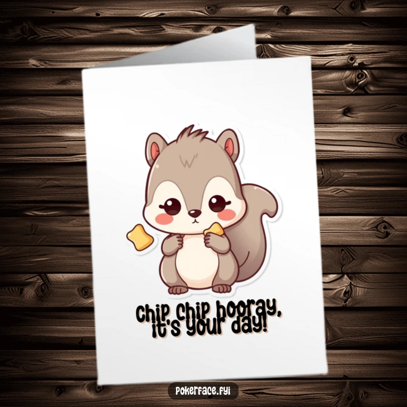 Funny Free Printable Birthday Card: Kawaii squirrel with blank stare holding one chip, looking clueless.