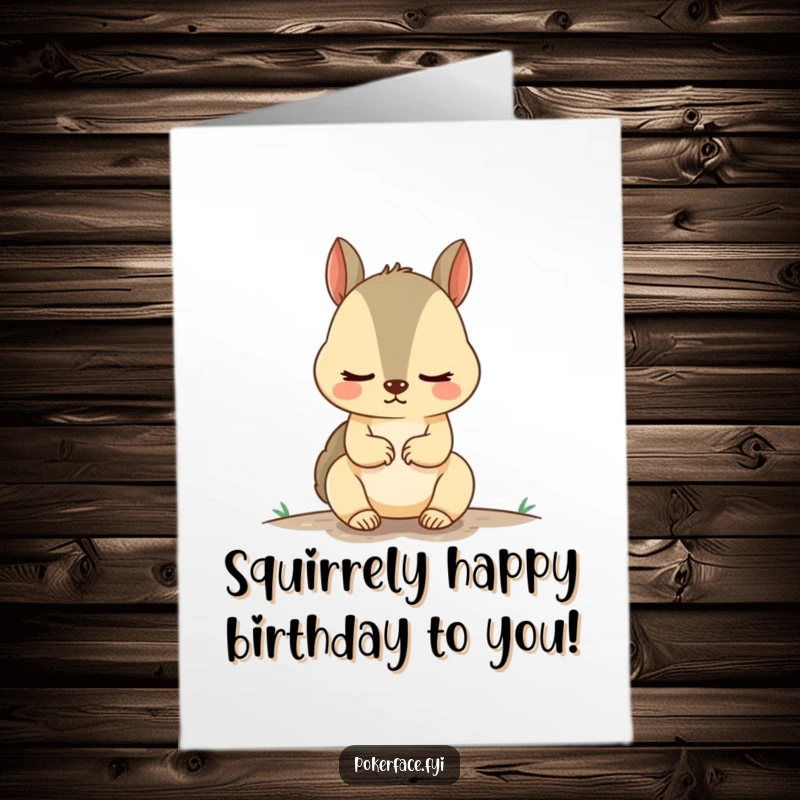 Funny Free Printable Birthday Card: A squirrel with unnervingly calm demeanor offering birthday wishes with a deadpan expression.