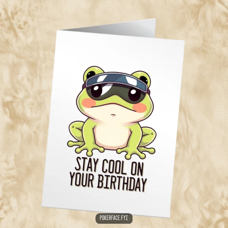 Funny Free Printable Birthday Card featuring a frog with a perfectly still face wearing a tiny visor, exuding ultimate chill.