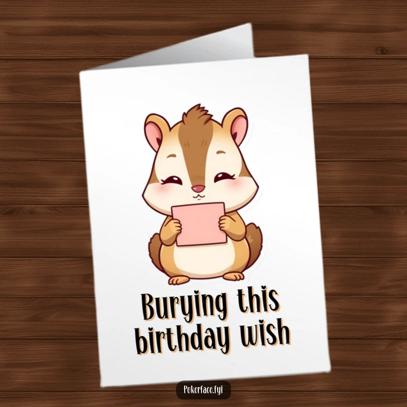 Funny Free Printable birthday card featuring a tranquil chipmunk with no expression holding a card, a hilariously DIY gift.