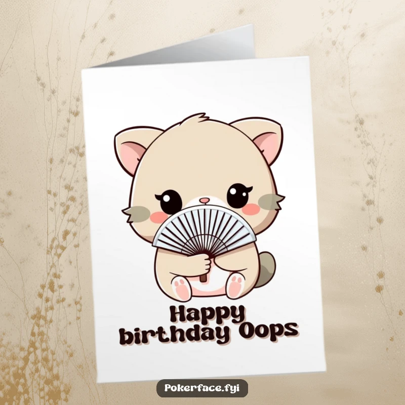 Funny Free Printable Birthday Card featuring an animal coyly holding a fan in front of its face, hiding a birthday surprise or reaction.