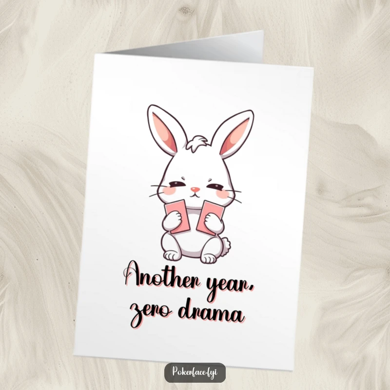 Funny Free Printable Birthday Card: Emotionless rabbit holding cards, a humorous downloadable gift for a puzzling celebration.