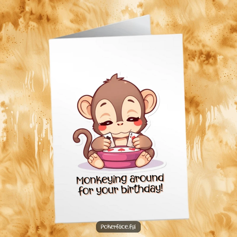 Funny Free Printable Birthday Card: Serene Kawaii monkey observing a card game, calm humor, perfect for DIY gifts.