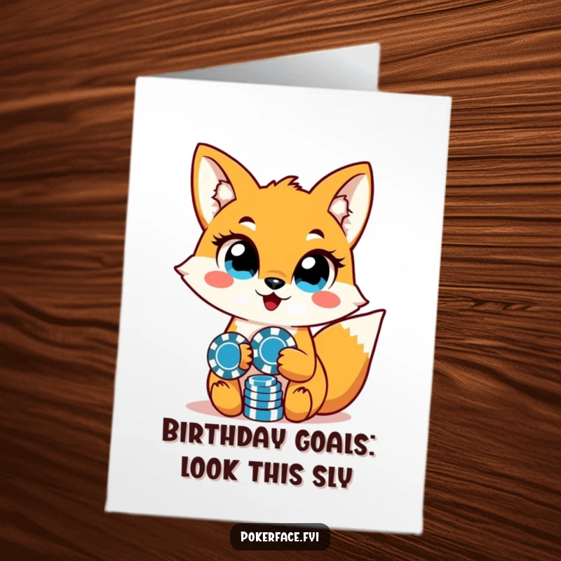 Funny Free Printable Birthday Card: A sly fox with unwavering eyes holds poker chips, ready to celebrate a birthday win.