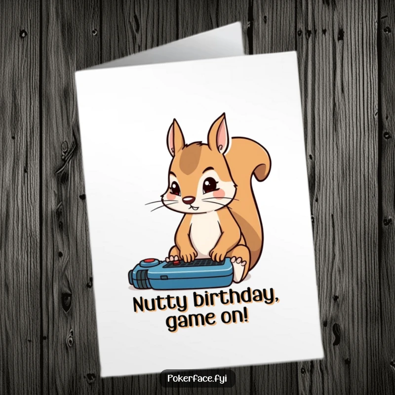 Funny Free Printable Birthday Card: Squirrel intensely focused on a game, perhaps nuts, ready to win the birthday celebration