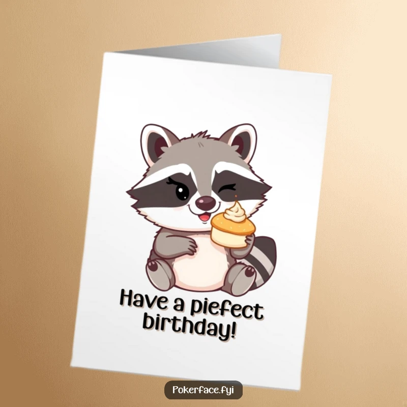 Funny Free Printable Birthday Card: Mischievous raccoon winks while about to throw a cream pie