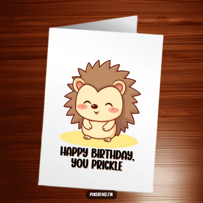 Funny Free Printable Birthday Card of a happy hedgehog with a completely flat, unchanging expression, delivering birthday wishes deadpan.