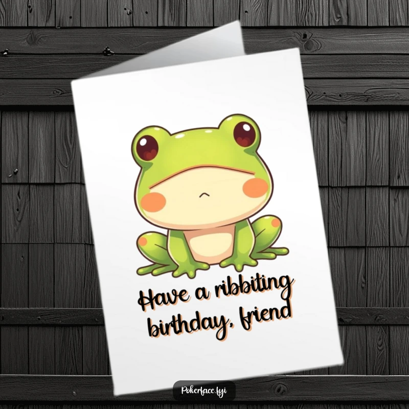 Funny Free Printable Birthday Card: A frog with a completely impassive face offering birthday wishes with a blank, unreadable expression.