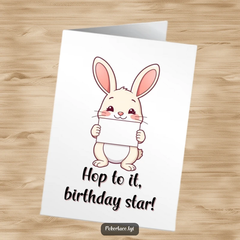 Free Printable Birthday Card featuring a serene rabbit holding a perfectly symmetrical card, conveying calm wishes.