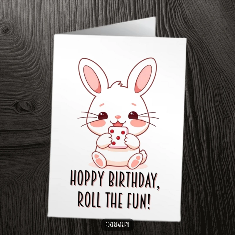 Funny Free Printable Birthday Card: Happy Rabbit character with straight whiskers holding a single die, looking lucky.