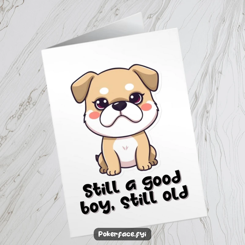 Funny free printable birthday card showing a stoic dog character with a perfectly neutral face, a humorous downloadable gift.