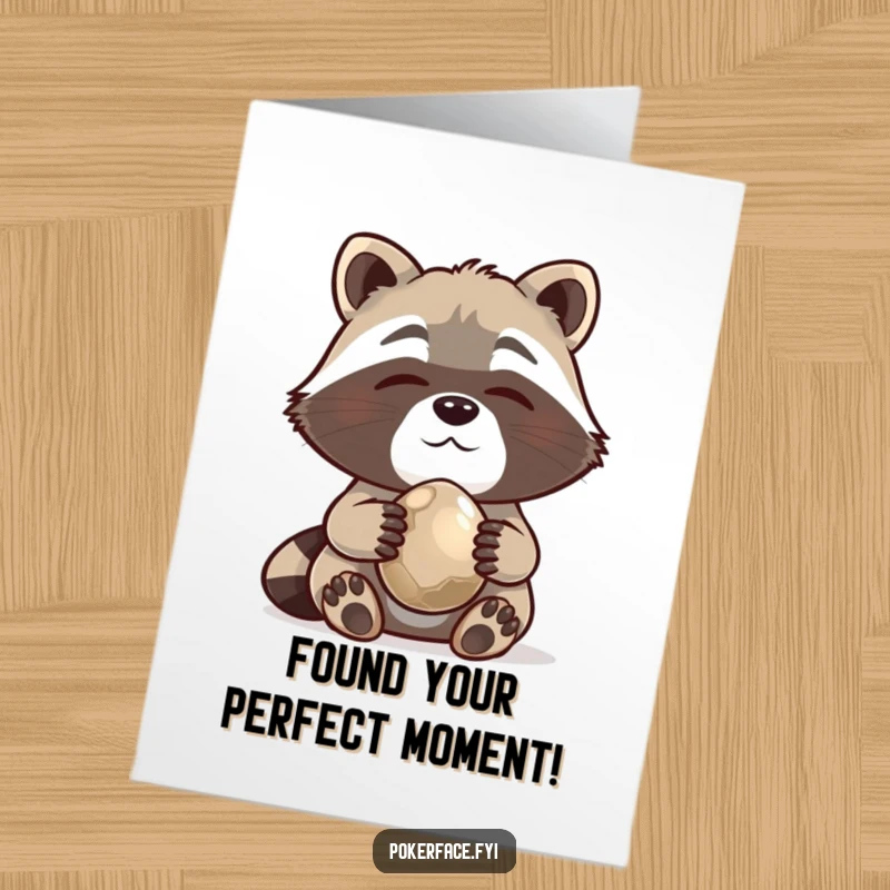 Funny Free Printable Raccoon Congratulations Card: A content raccoon holding a shiny pebble, celebrating a worthy achievement with a smile.
