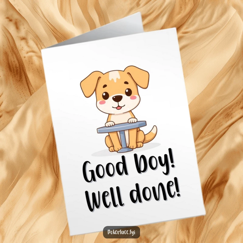 Funny Free Printable Congratulations Card: A dog with a blank expression sits at a table, offering a subdued, humorous congratulations.