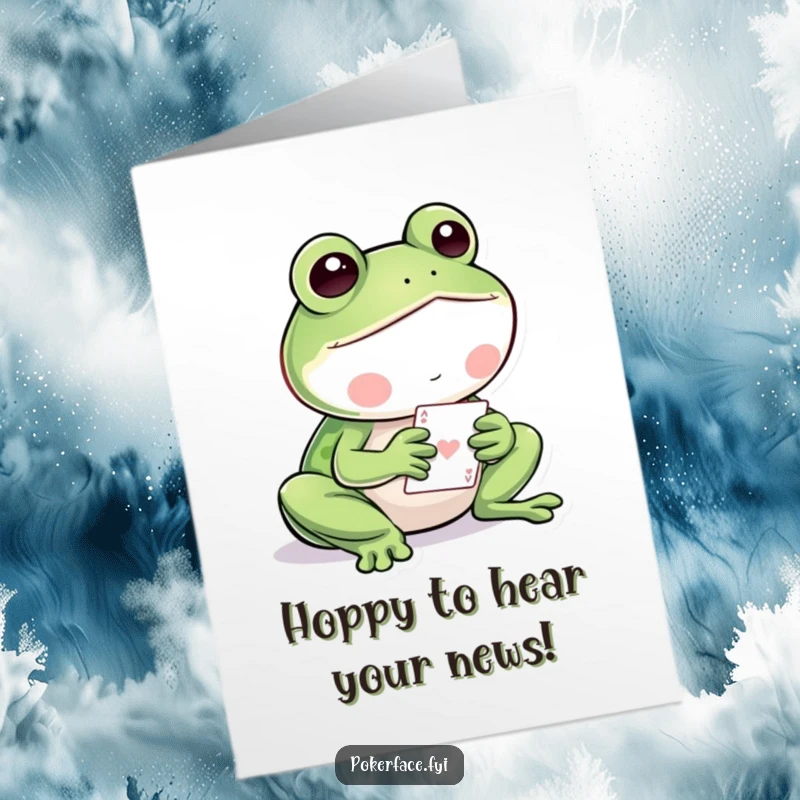 Funny Free Printable congratulations card with a serene frog concentrating on a hand of cards, ideal for a downloadable gift.
