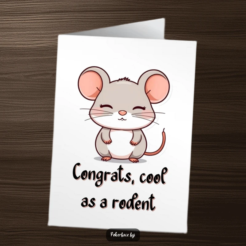 Funny Free Printable Congratulations Card: A composed mouse with an emotionless face, acknowledging success with polite indifference.