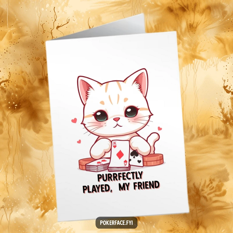 Funny Free Printable Congratulations Card: A cat with a blank expression plays cards, showcasing a witty, unreadable poker face in victory.
