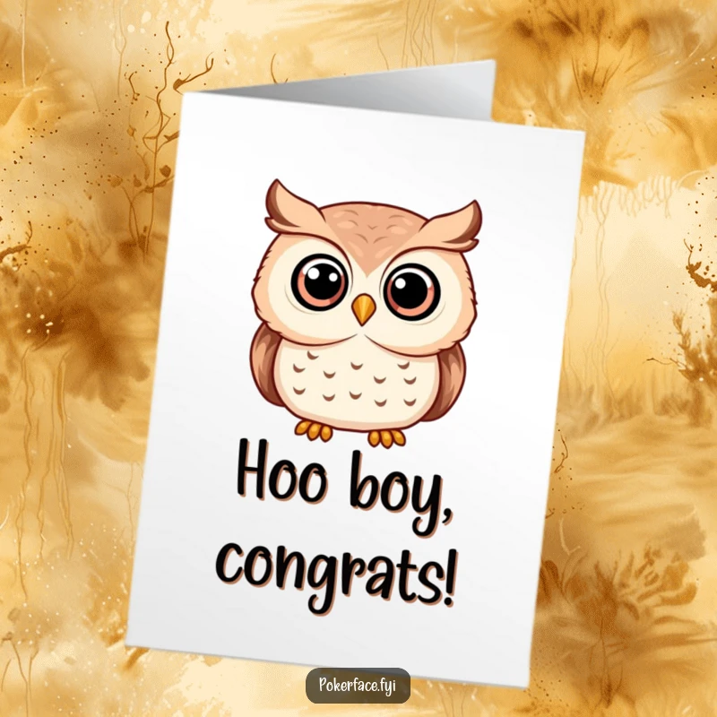 Funny Free Printable Congratulations card: A serene owl with wide, unwavering eyes witnesses their success with quiet amusement.