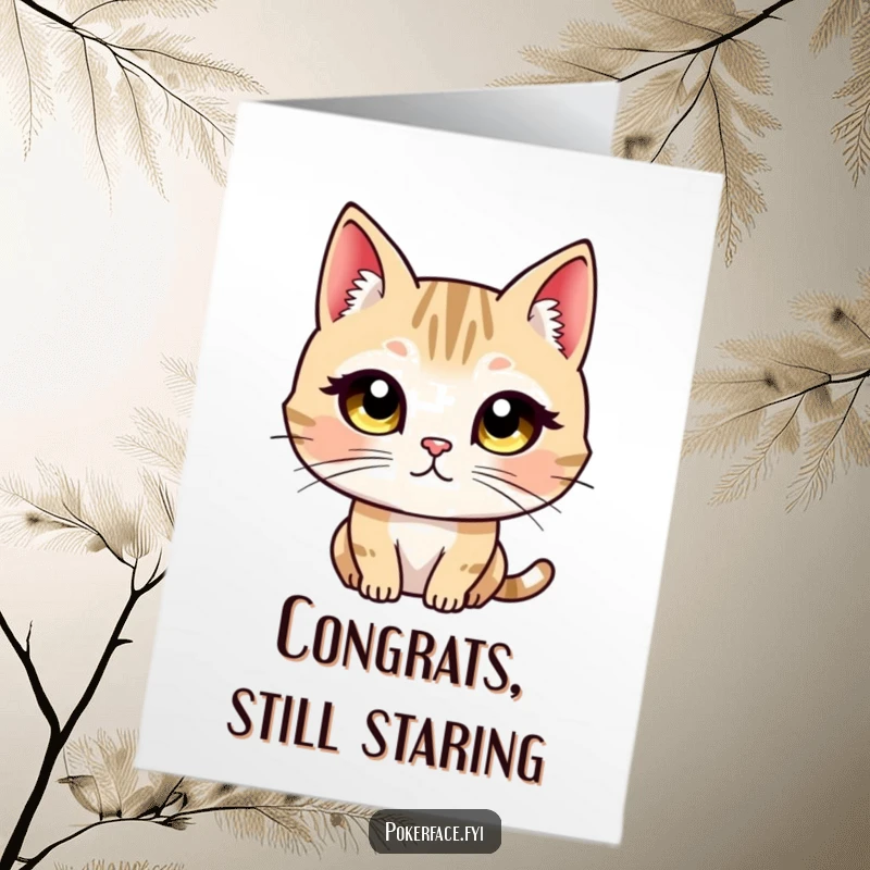 Funny Free Printable congratulations card: A cat character with wide, unblinking eyes stares straight ahead, offering congratulations.