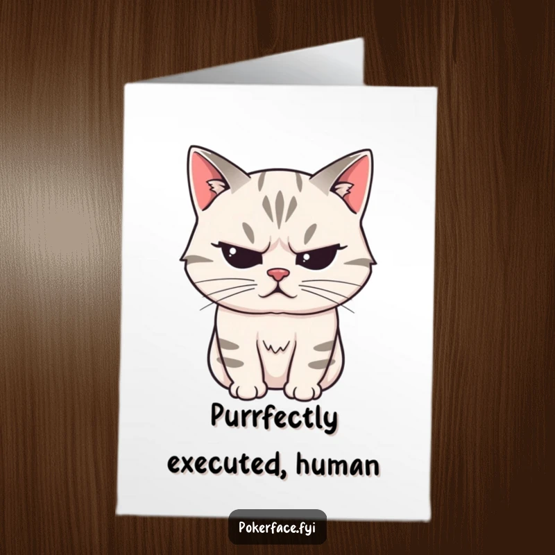 Funny Free Printable Congratulations Card showing a stoic cat with an unreadable expression, offering quiet, dry congratulations.