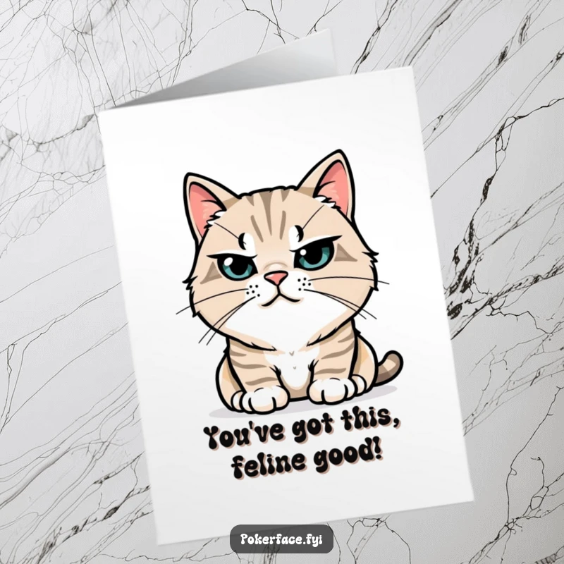 Funny Free Printable Congratulations Card: Stoic cat with perfectly still whiskers, a humorous downloadable gift for celebrating success.