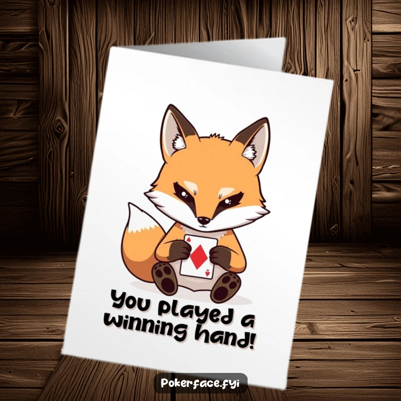 Funny Free Printable Congratulations Card: Stoic fox character with a blank stare playing a card. Humorous downloadable for celebrating wins.