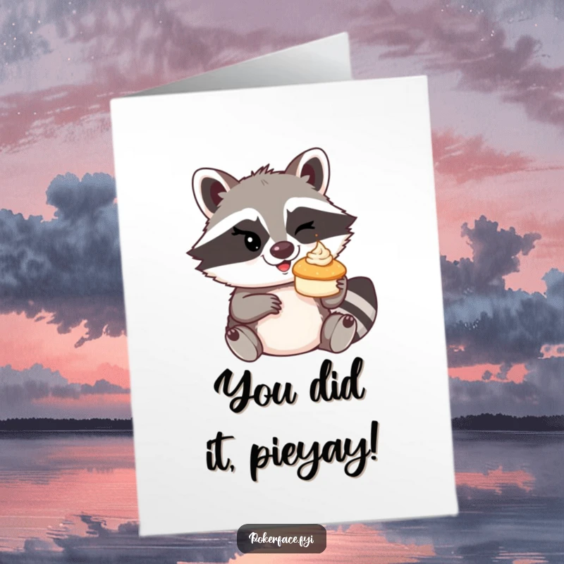 Funny Free Printable Congratulations Card: Raccoon with a wink ready to toss a pie for your win