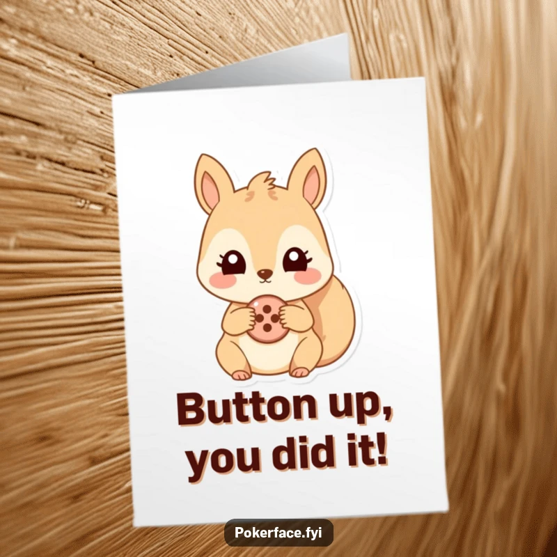 Funny Free Printable Congratulations Card: A squirrel with deadpan eyes presents a lone button, a quirky downloadable gift.