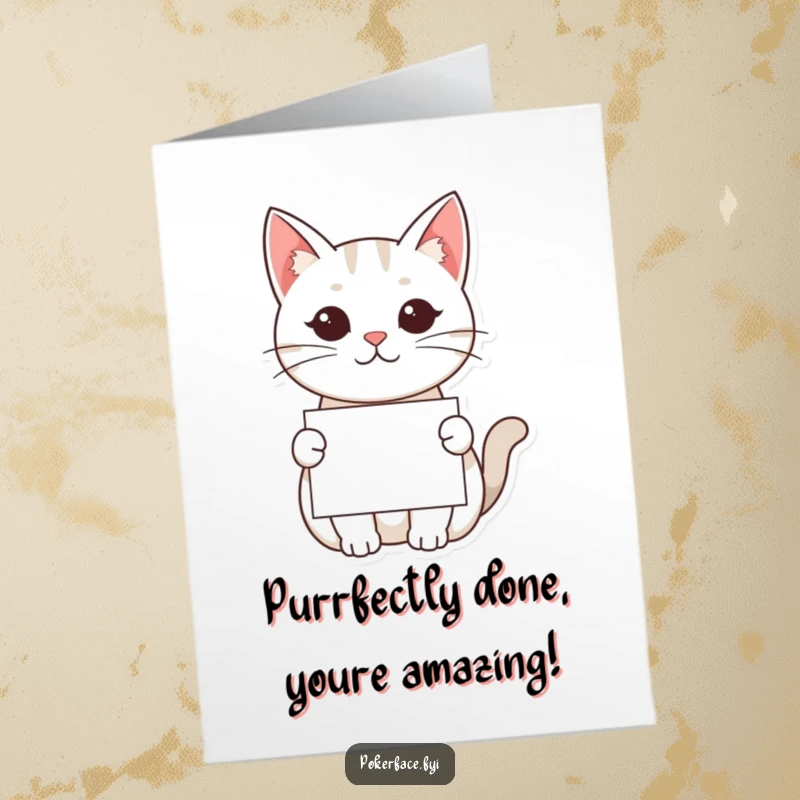 Funny Free Printable Congrats Card: Neutral-faced Kawaii cat offering a card, dry humor, perfect for DIY gifts.