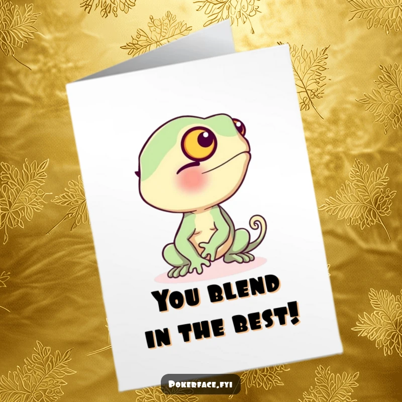 Funny Free Printable Chameleon Congratulations Card: A shy chameleon blushes and turns beige, celebrating a proud moment with humor.