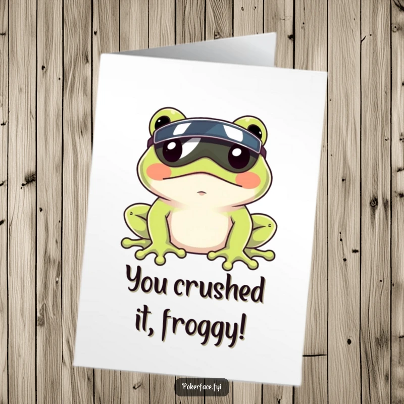 Free Printable Congratulations Card showing a frog with a deadpan expression and a tiny visor, looking undeniably cool.