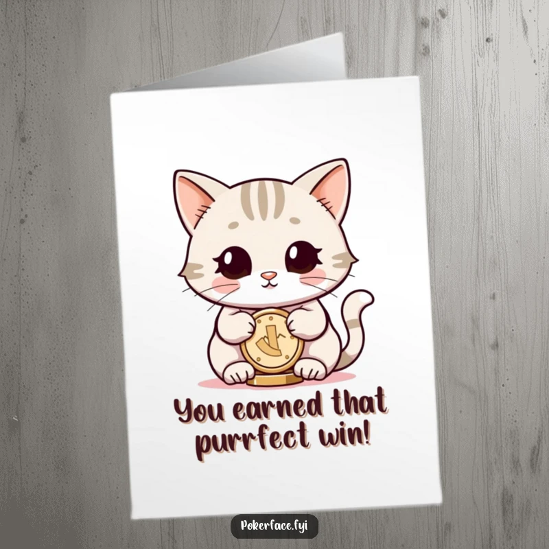 Funny Free Printable Congratulations Card: Smiling Cat character with neutral eyes balancing a coin, looking cool.