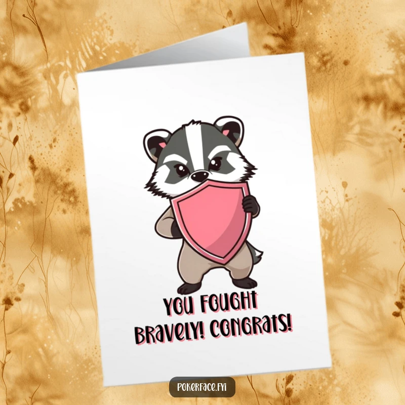 Free Printable Congratulations Card depicting a determined badger with a shield and no expression, a stoic symbol of achievement.