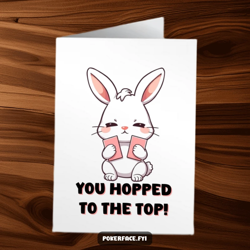 Funny Free Printable Congratulations Card: Emotionless rabbit holding playing cards, a humorous downloadable gift for celebrating achievements.
