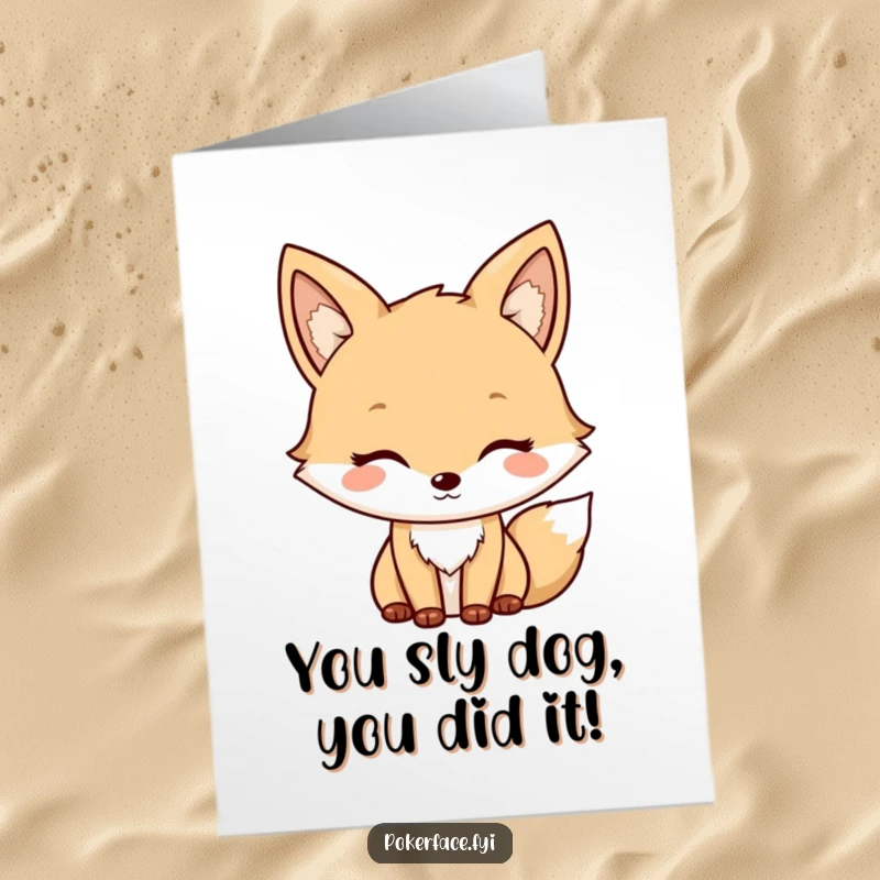 Funny free printable congratulations card featuring a neutral fox with a mild, unchanging expression, perfect for understated celebrations.