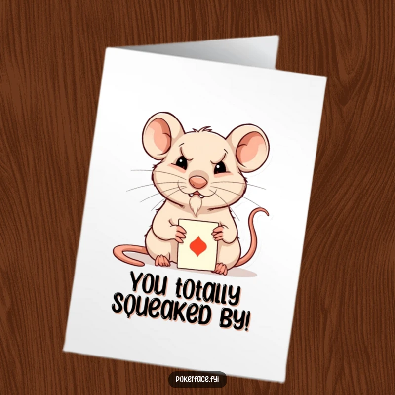 Funny Free Printable congratulations card showing a rat playing cards with a poker face, ideal for downloadable art.