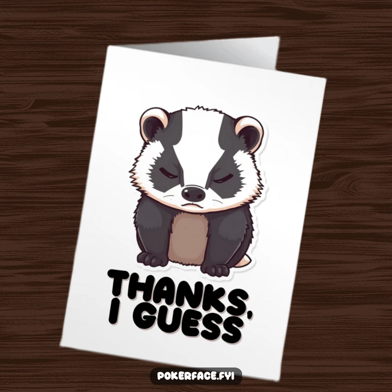 Funny Free Printable Thank You Card: Grumpy badger giving a neutral thank you with closed eyes